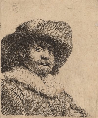 Férfi széles karimájú kalapban, valószínűleg 1638-ban. alkotó: Rembrandt van Rijn