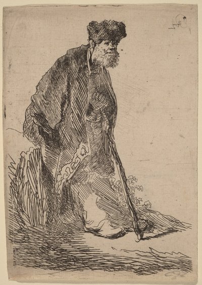 Kabátos, szőrme sapkás férfi, aki egy banknak támaszkodik alkotó: Rembrandt van Rijn