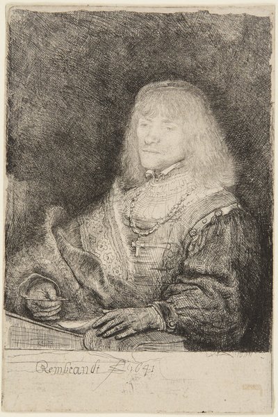 Férfi keresztet és láncot tartva alkotó: Rembrandt van Rijn