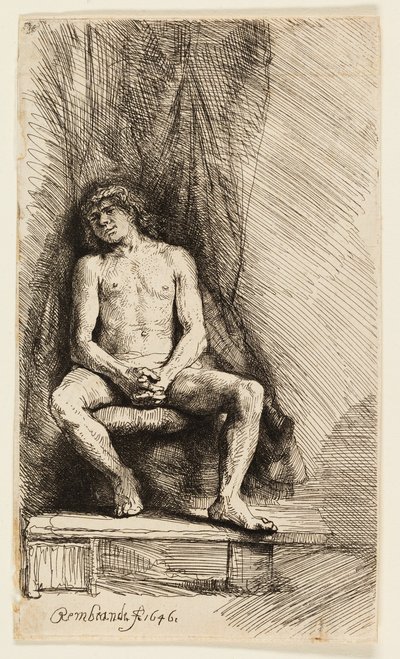 Meztelen férfi ül a függöny előtt alkotó: Rembrandt van Rijn