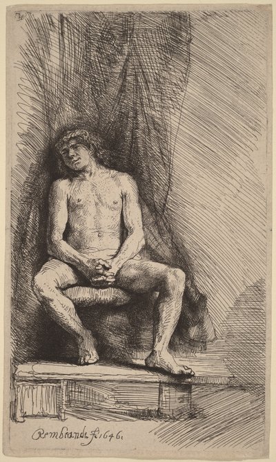 Meztelen férfi ül egy függöny előtt alkotó: Rembrandt van Rijn