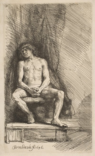Meztelen férfi függöny előtt ül, 1646. alkotó: Rembrandt van Rijn