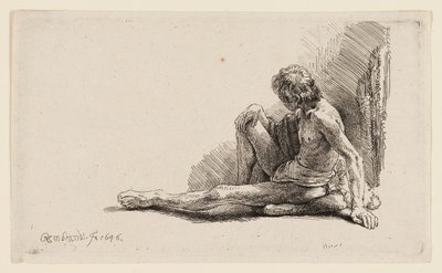 Meztelen férfi ül a földön, kinyújtott lábbal alkotó: Rembrandt van Rijn