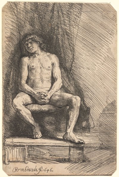 Meztelen férfi ül egy függöny előtt (BB.46-Bi) alkotó: Rembrandt van Rijn