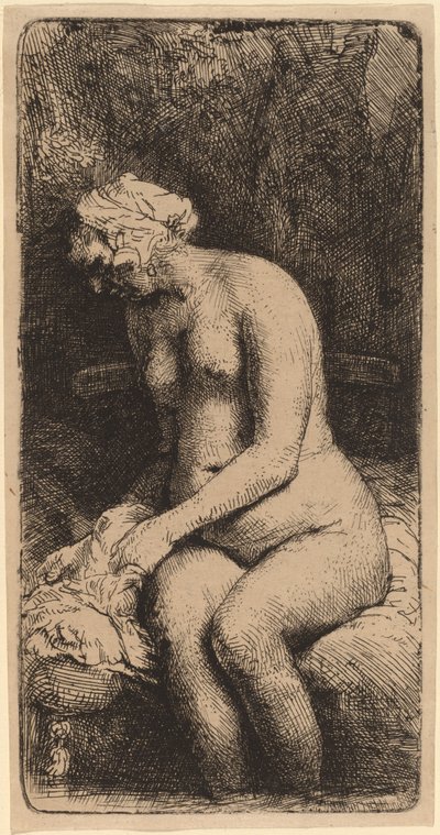 Meztelenül ül egy padon, párnával (nő, aki egy pataknál fürdeti a lábát) alkotó: Rembrandt van Rijn