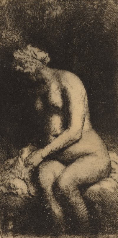 Akt egy padon ülve egy párnás nővel, aki lábát fürdeti egy pataknál, 1658. alkotó: Rembrandt van Rijn