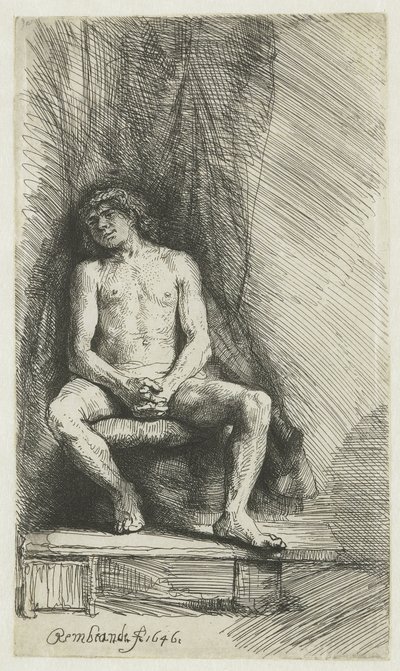 Meztelen fiatalember, függöny előtt ül Meztelen férfi ül a függöny előtt alkotó: Rembrandt van Rijn
