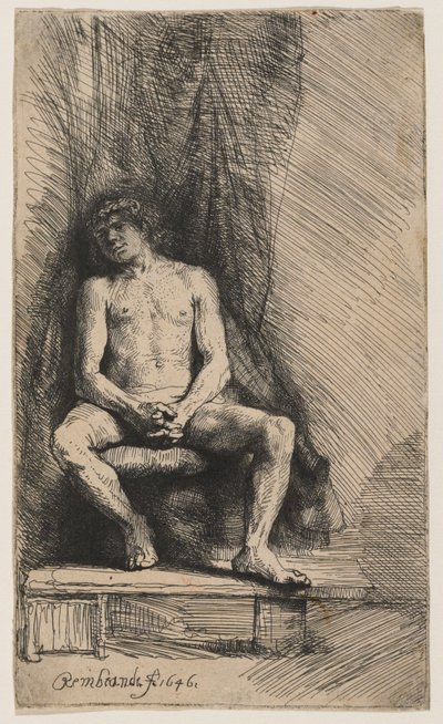 Meztelen fiatal, aki egy függöny előtt ül alkotó: Rembrandt van Rijn