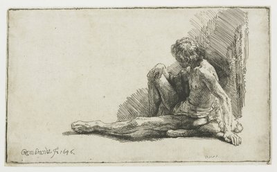 Meztelen férfi ül a földön, egyik lábát kinyújtva alkotó: Rembrandt van Rijn