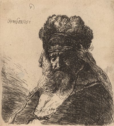 Idős szakállas férfi magas szőrme sapkában, csukott szemmel, c. 1635. alkotó: Rembrandt van Rijn