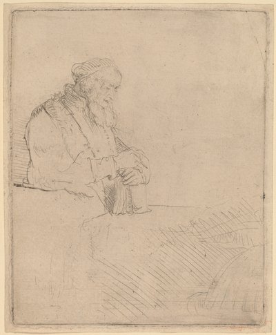 Öreg ember meditációban, egy könyvre támaszkodva alkotó: Rembrandt van Rijn