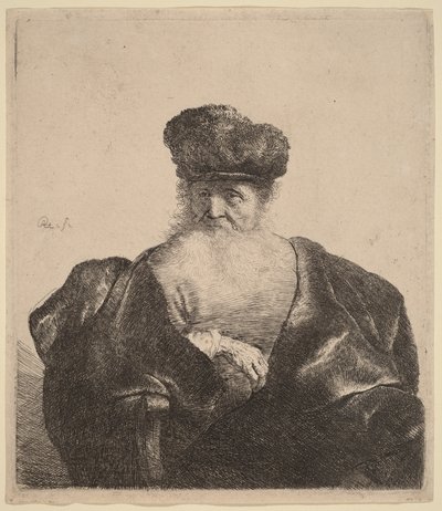 Öregember szakállal, szőrme sapkával és bársonyköpennyel alkotó: Rembrandt van Rijn