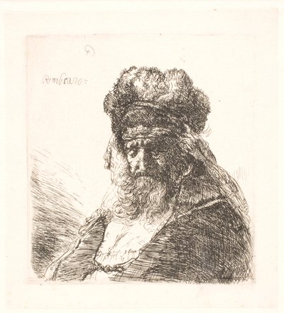 Idős szakállas férfi magas szőrme sapkában, csukott szemmel alkotó: Rembrandt van Rijn