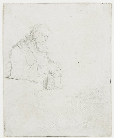 Meditáló öregember, aki egy könyvre támaszkodik alkotó: Rembrandt van Rijn