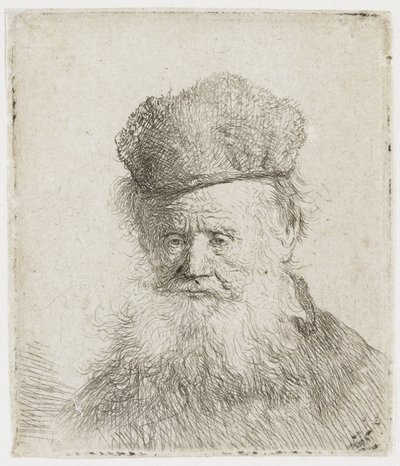 Idős férfi szőrme sapkával és hosszú szakállal alkotó: Rembrandt van Rijn