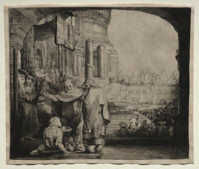 Péter és János a nyomorék gyógyítása a templom kapujában, 1659. alkotó: Rembrandt van Rijn
