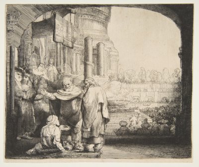 Péter és János a nyomorék gyógyítása a templom kapujában, 1659. alkotó: Rembrandt van Rijn