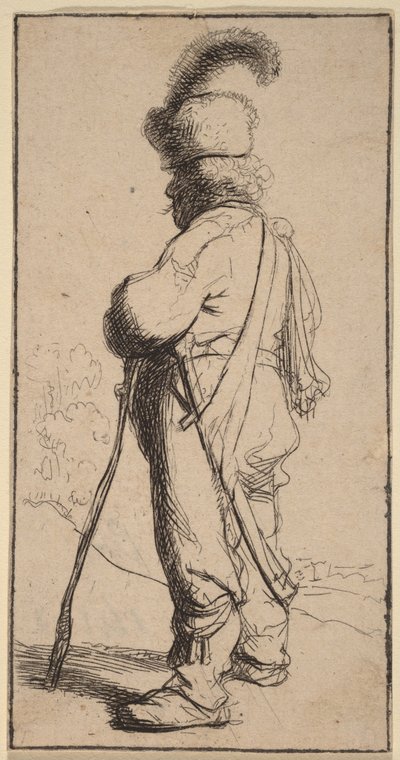 Pólus, aki egy botra támaszkodik alkotó: Rembrandt van Rijn