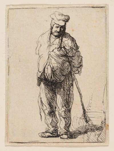 Rongyos paraszt, kezével a háta mögött, bottal alkotó: Rembrandt van Rijn