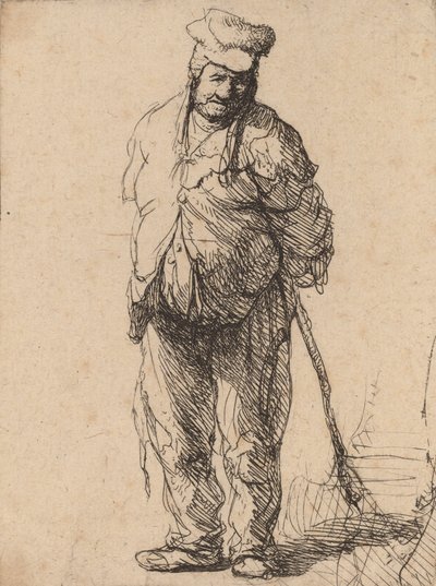 Rongyos paraszt, kezével a háta mögött, bottal, c. 1630. alkotó: Rembrandt van Rijn