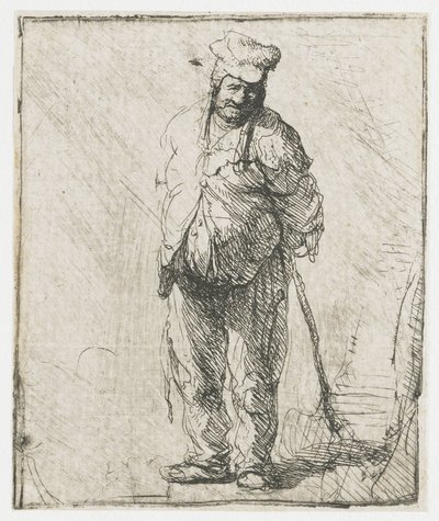 Rongyos parasz, kezeit a háta mögött tartva, egy botot szorongatva alkotó: Rembrandt van Rijn