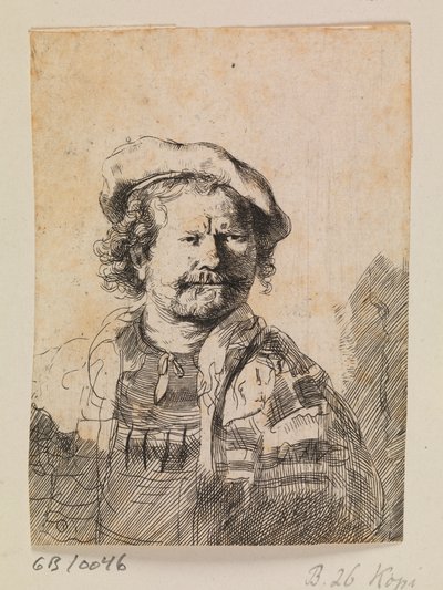 Rembrandt lapos sapkában és hímzett ruhában alkotó: Rembrandt van Rijn