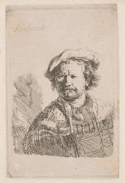 Rembrandt lapos sapkában, vállán kendővel alkotó: Rembrandt van Rijn