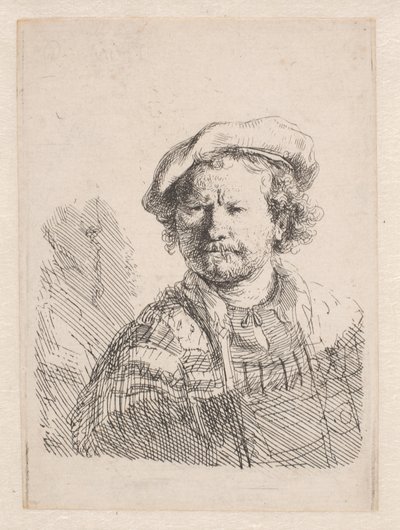 Rembrandt lapos sapkában, vállán kendővel alkotó: Rembrandt van Rijn