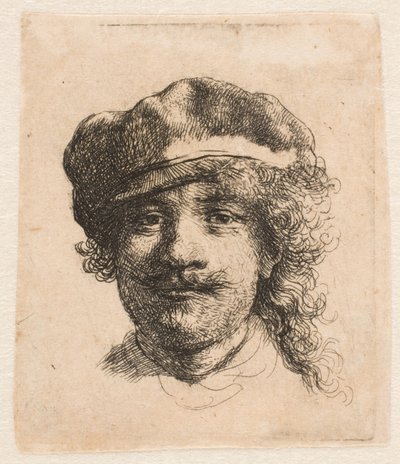Rembrandt puha sapkában: teljes arc: csak a fej alkotó: Rembrandt van Rijn