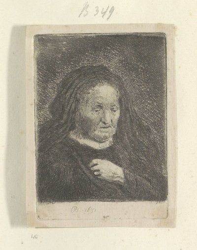 Rembrandt anyja a kezét a mellén: kis mellszobor Recueil de quatre-vingt-cinq estampes originales (sorozat címe) alkotó: Rembrandt van Rijn