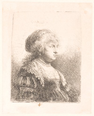Rembrandt felesége, Saskia, gyöngyökkel a hajában, mellszobor alkotó: Rembrandt van Rijn