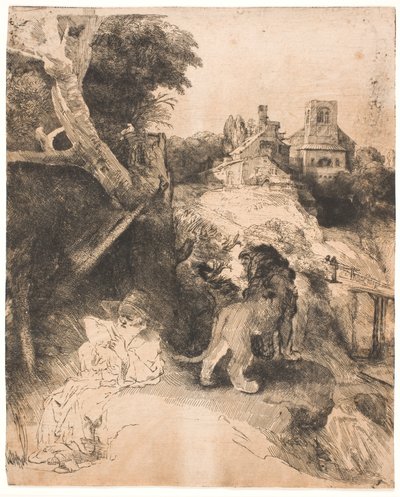 Szent Jeromos olvasás közben, olasz tájkép előtt alkotó: Rembrandt van Rijn