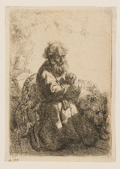 Imádkozó, lefelé tekintő Szent Jeromos térdelve alkotó: Rembrandt van Rijn