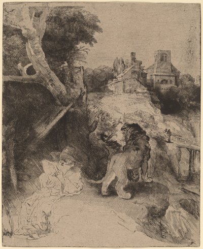 Szent Jeromos olasz tájon olvas alkotó: Rembrandt van Rijn