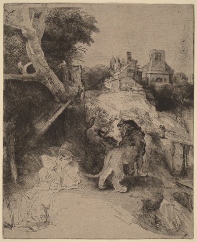 Olvasó Szent Jeromos egy olasz tájképben alkotó: Rembrandt van Rijn