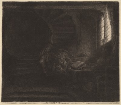 Szent Jeromos egy sötét szobában alkotó: Rembrandt van Rijn