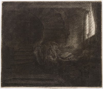 Szent Jeromos egy sötét szobában alkotó: Rembrandt van Rijn