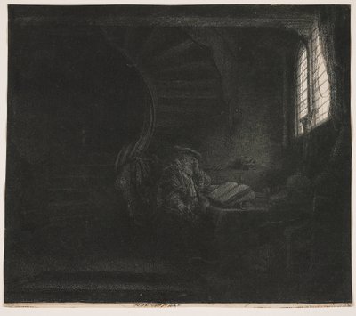 Szent Jeromos egy sötét szobában alkotó: Rembrandt van Rijn