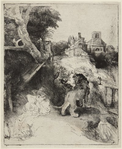 Szent Jeromos olasz tájképben alkotó: Rembrandt van Rijn