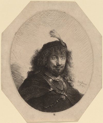 Önarckép (?) tollas sapkával és leeresztett szablyával alkotó: Rembrandt van Rijn