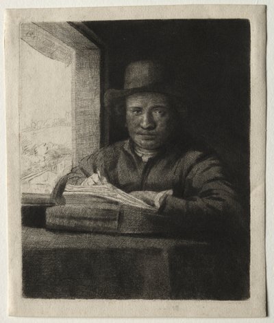 Önarckép rajz ablakban alkotó: Rembrandt van Rijn