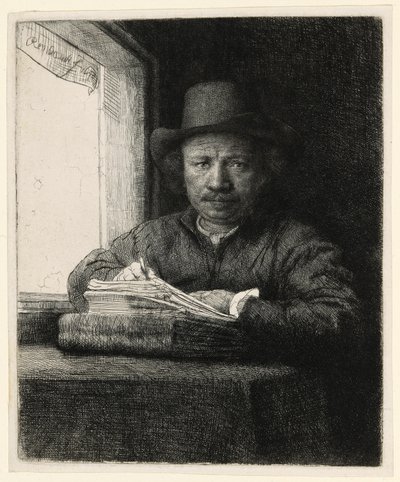 Önarckép rézkarc az ablakon alkotó: Rembrandt van Rijn