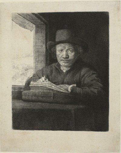 Önarckép rézkarc az ablakon alkotó: Rembrandt van Rijn