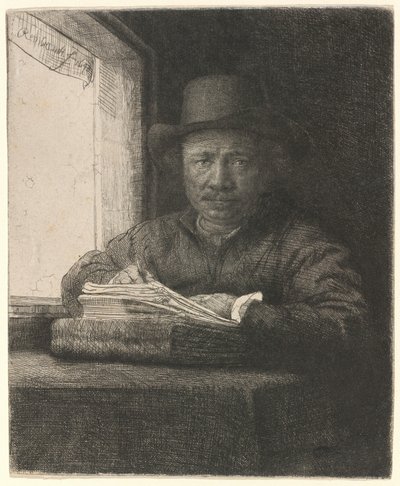 Önarckép – Rézkarc az ablaknál alkotó: Rembrandt van Rijn