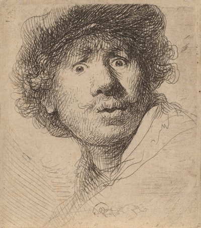 Önarckép sapkában, tátott szájjal, 1630. alkotó: Rembrandt van Rijn
