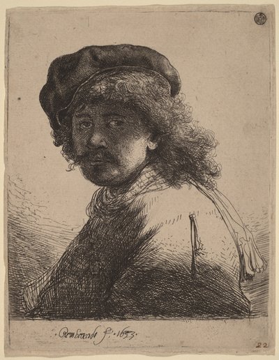 Önarckép sapkában és sálban, sötét arcú alkotó: Rembrandt van Rijn
