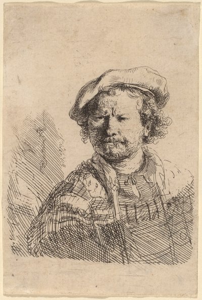 Önarckép lapos sapkában és hímzett ruhában alkotó: Rembrandt van Rijn