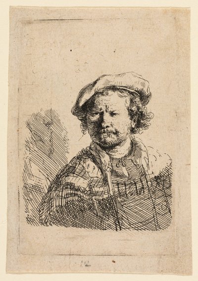 Önarckép lapos sapkában és hímzett ruhában alkotó: Rembrandt van Rijn