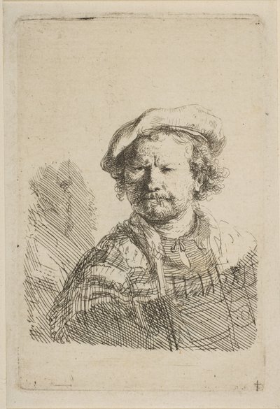 Önarckép lapos sapkában és hímzett ruhában, kb. 1642. alkotó: Rembrandt van Rijn