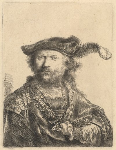 Önarckép bársony sapkában, tollakkal alkotó: Rembrandt van Rijn
